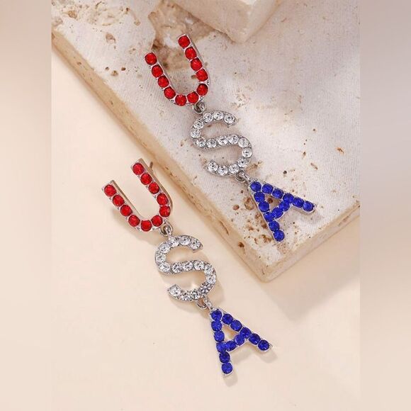 Silver Tone Patriotic USA Drop Earrings independence day - Picture 4 of 7